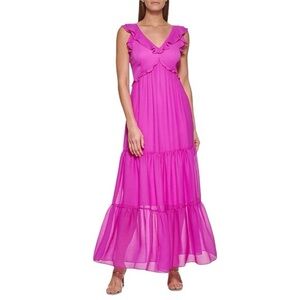 DKNY Ruffled Trim V-Neck Sleeveless Tiered Maxi Dress